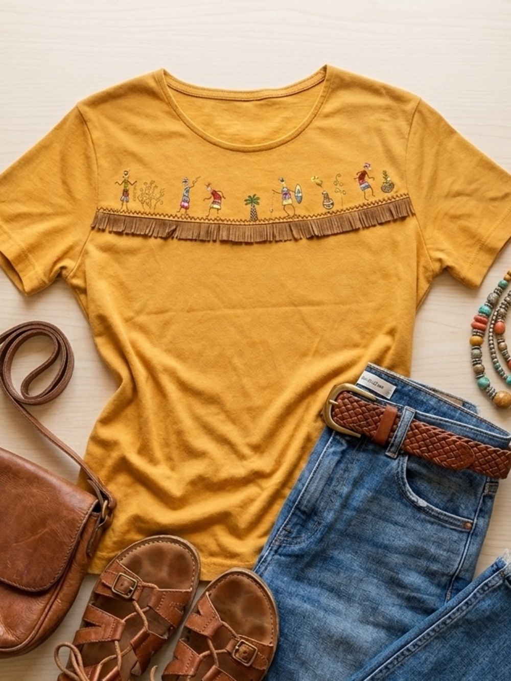 Mustard Yellow Boho Embroidered T-Shirt with Leather Fringe Detail Festival